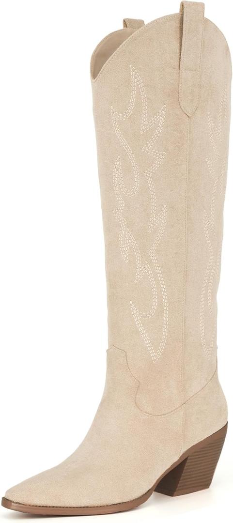 iiimmu Cowgirl Boots Women Knee High Boots Pointed Toe and Block Heel Cowboy Suede and Faux Leather Boots with Embroidered (7, Beige)