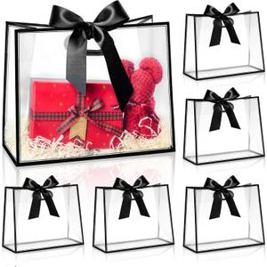 Ohuimrt 12 Pack Clear Plastic Gift Bags with Handles, Reusable Party Favor Bags with Ribbon for Wedding, Bachelorette Party, 12 x 10 x 5 Inch (Black)
