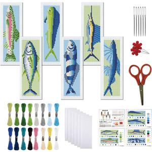 FREEBLOSS 6 Set Cross Stitch Bookmark Kit 11 CT Complete Cross Stitch Kit DIY Embroidery Bookmark Kits for Adult Beginners with Instructions, Fish, 8" x 2.4"