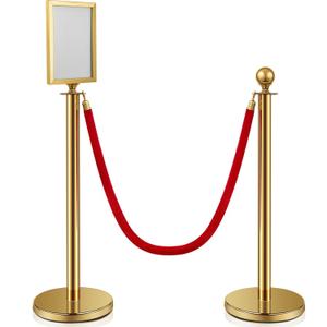 Ferraycle 2 Stainless Steel Crowd Control Stanchions with Sign Holder and Red Rope 5 ft Red Carpet Poles Hollow Base Crowd Control Barriers Top Sign Frames for A4 Letter Size Paper(Gold)