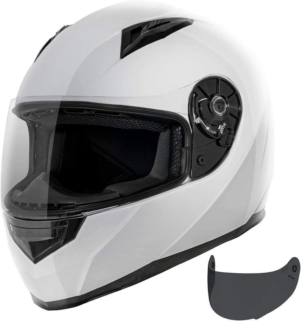 VCAN VX Lightweight Full Face Motorcycle Street Bike Helmet with Extra Tinted Visor, Coolmax Technology & OTG Ready, DOT Approved (Small, White)