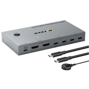 KCEVE KVM Switch 2 Monitors 2 Computers USB C, KVM Switch USB-C for 2 Laptops Sharing 2 Monitors and 4 USB3.0 Devices, 4K@60Hz, 100W PD, MST, Wired Remote(4K USBC HDMI 2 in 2 Out KVM)