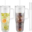 NiHome 2PCS 32oz Plastic Tumblers with Lids & Straws, Double-Wall Insulated Cups with Leak-Proof Screw-On Lids, Travel Mugs for Cold Drinks, Iced Coffee, Water, School, Office, On-the-Go (Clear)