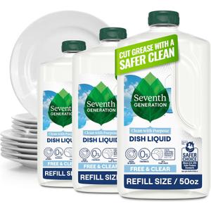 Seventh Generation Dish Soap Refill, Free & Clear, 50 fl oz, 3 Pack, Plant-Based Dishwashing Liquid for Grease & Tough Food Messes, For Sensitive Skin