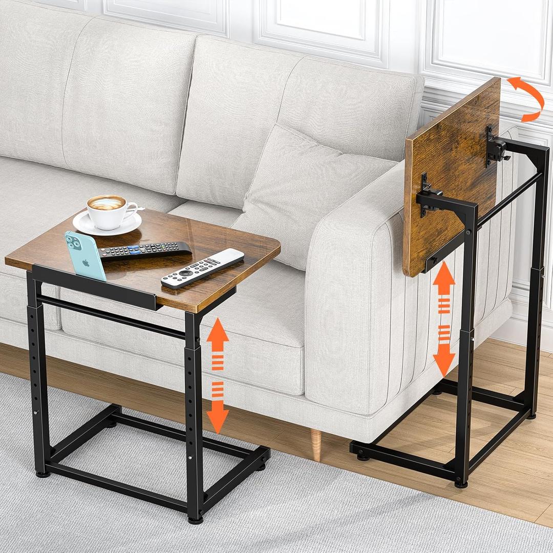 Tv Tray Table Set of 2, 8-Level Adjustable Height Couch Side Table90 Tilt Angle Adjustments C-Shaped End Table, with Phone & Tablet Slot Sofa Computer Desk for Couch, Sofa, Bed, Chair, Living Room (Brown)