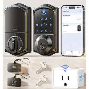 Veise VE017G Wi-Fi Keyless Entry Door Lock with Fingerprint, App Remote Control, Smart Locks for Front Door, Electronic Keypad Deadbolt, Auto Locking, Waterproof, Easy to Install, Matte Black