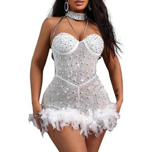 Sexy Feather Rhinestone Backless Mesh Sheer Burlesque Outfit Nightout Clubwear Birthday Party Dress, Size X-Large (White)