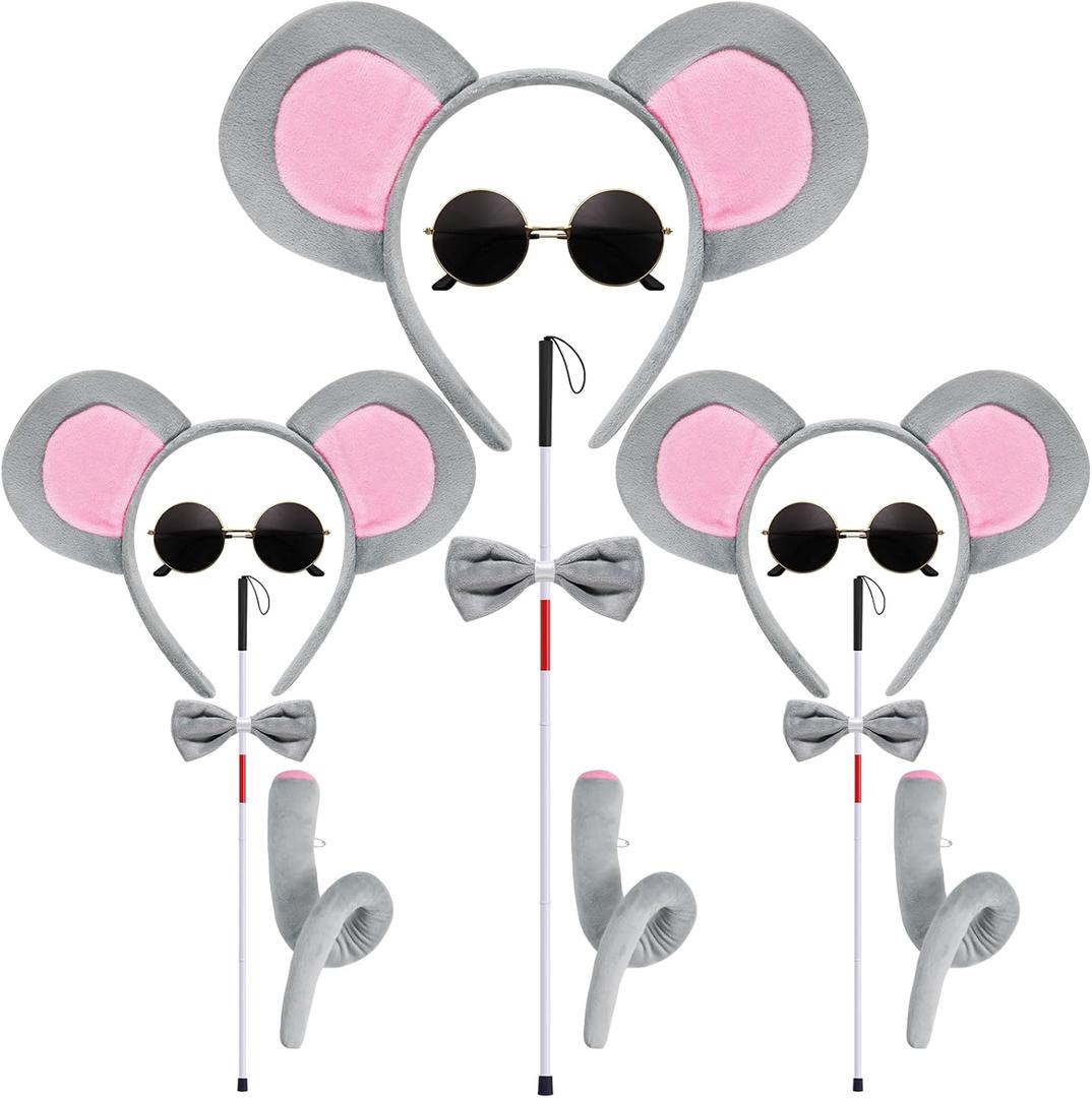 Mouse Costume Ears-Headband-Tail-Bow-Tie Accessories Set : 3 Pcs Standing Up Grey and Pink Ears Headband and Tail, Bow Tie Blind Cane Mouse Halloween Accessories Set - for Toddlers and Kids(Three Pcs)