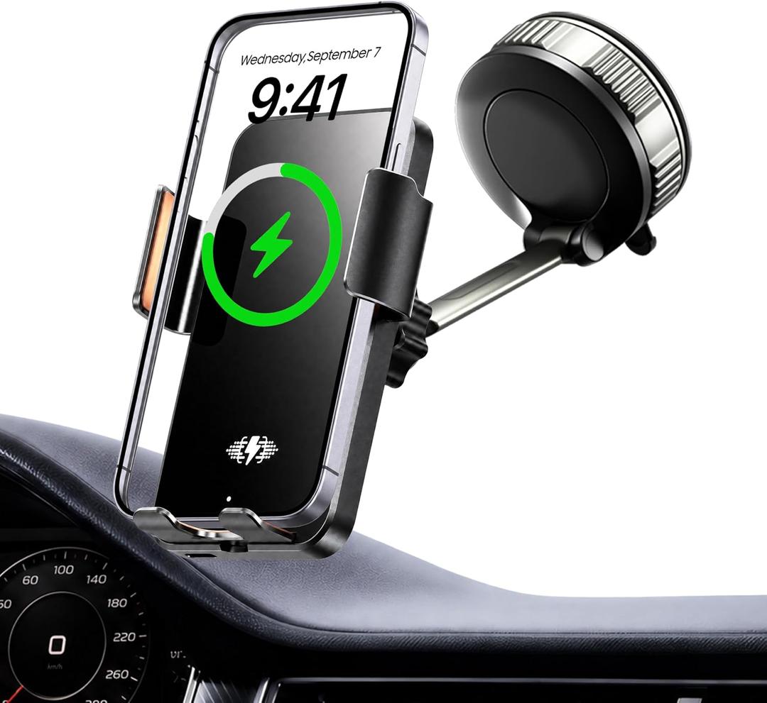 Car Phone Holder Charger, 15W Wireless Car Charger with Auto Clamp & Smart Sensor, Rotating Vacuum Suction Cup Dashboard/Windshield Phone Mount, 360 Adjustable Car Mount for iPhone, Samsung, Black