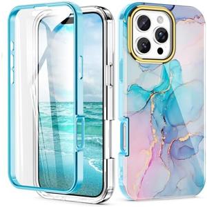 Turquiase Cute Marble Case for iPhone 16 Pro 6.3 inch Built with Screen Protector, Lightweight and Stylish Full Body Shockproof Protective Rugged TPU Case for Women/Girls