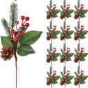 Boao 12 Pcs 11'' Large Christmas Pine Picks Tree Decoration Red Berry Picks and Sprays with Cone Artificial Fake Branches Snowy Floral Flower Holly Pine for Tree Crafts Decor Faux Stem
