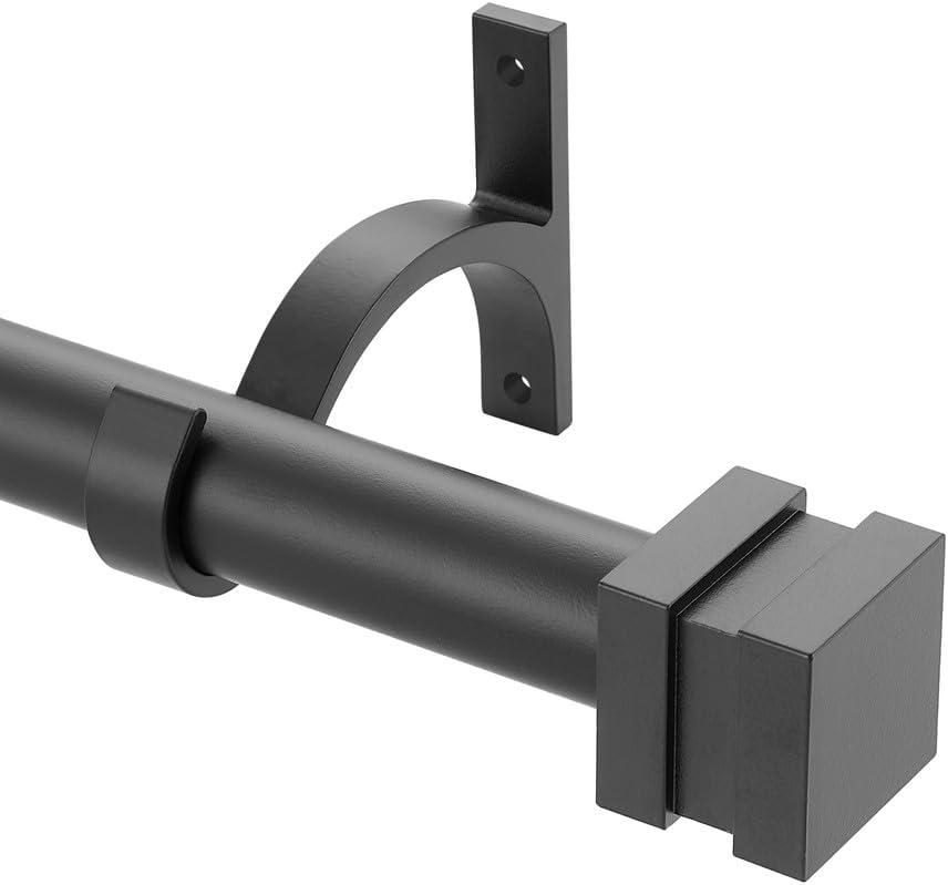 Matte Black Curtain Rods for Windows 72 to 144 Inch, Single Curtain Rods for Window, Decorative Drapery Rods with Square Finial, Adjustable 1-Inch Window Curtain Rods, Single Drapery Rod Matte Black