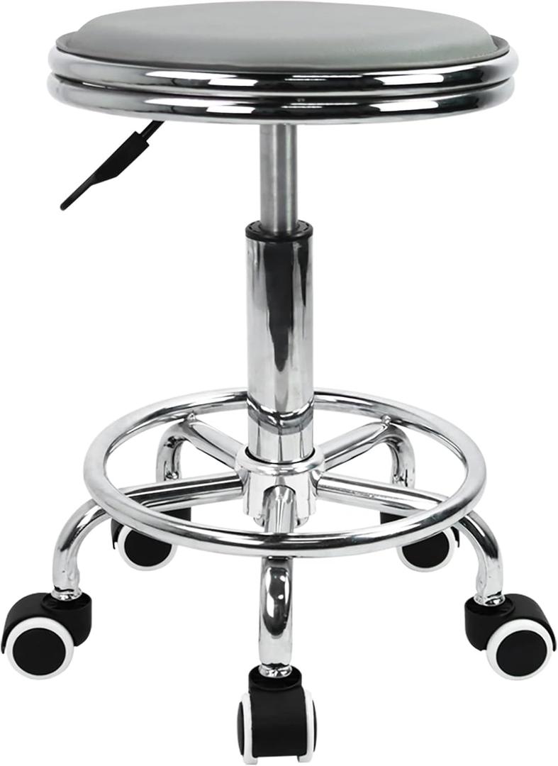 KKTONER Round Rolling Stool with Foot Rest PU Leather Height Adjustment Modern Industrial Metal Style Swivel Spa Salon Tattoo Work Massage Stools Small (Gray)