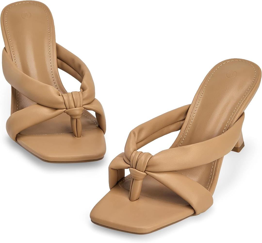 Coutgo Womens Thong Heels Mules Square Toe Heeled Flip Flops Mule Sexy Stiletto Dress Party Sandals (8.5, Khaki)