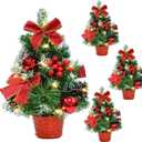 4 Pack 12 Inch Mini Christmas Trees with Lights Table Top Christmas Tree for Office in Basket Base Snowy Red Bows Berries Christmas Decorations Miniature Christmas Tree Tabletop Desk Home Decor