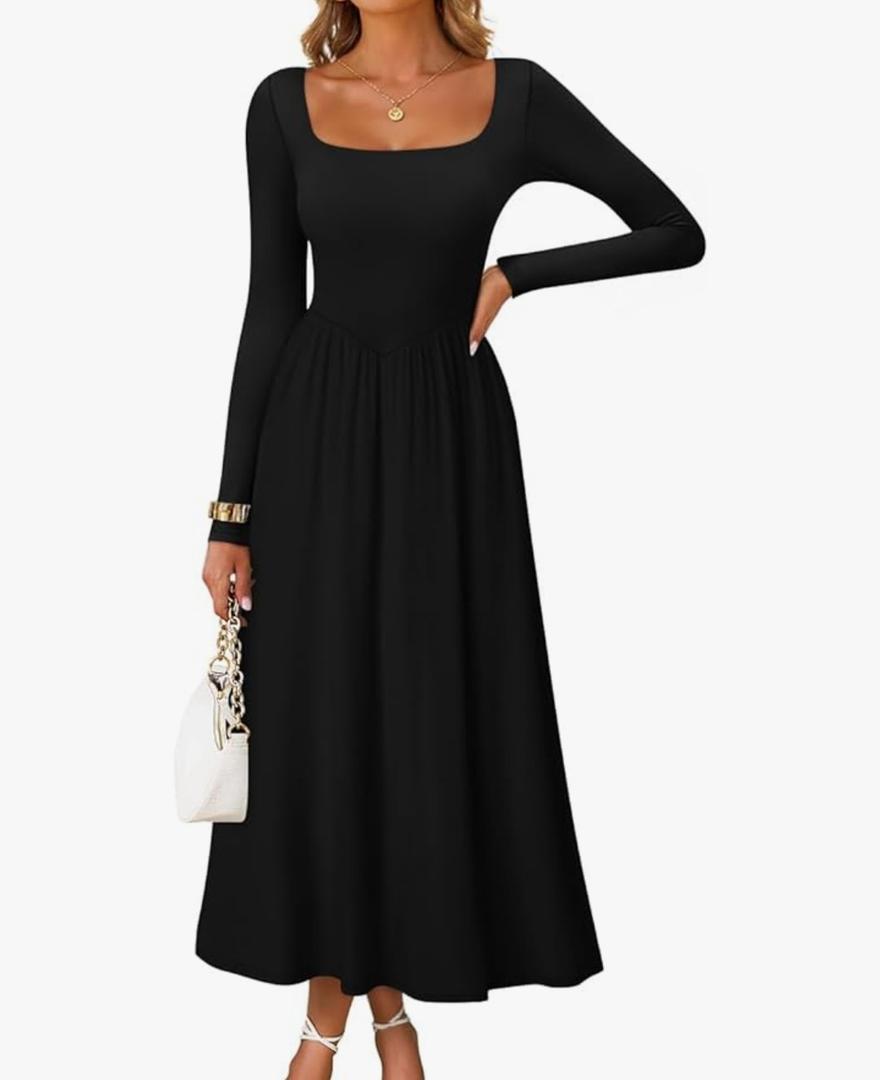ZESICA Spring Dresses for Women 2026 Elegant Classy Square Neck Long Sleeve Flowy Wedding Guest Party Midi Dress Small