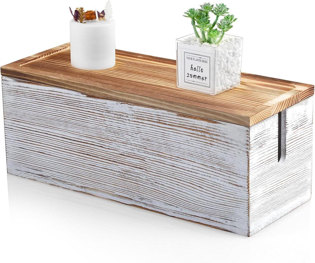 Large Cable Management Box, White Washed Wood Cord Organizer Box for Desk, Floor, Office to Hide Extension Cords Power Stripes Surge Protectors Chargers Wires