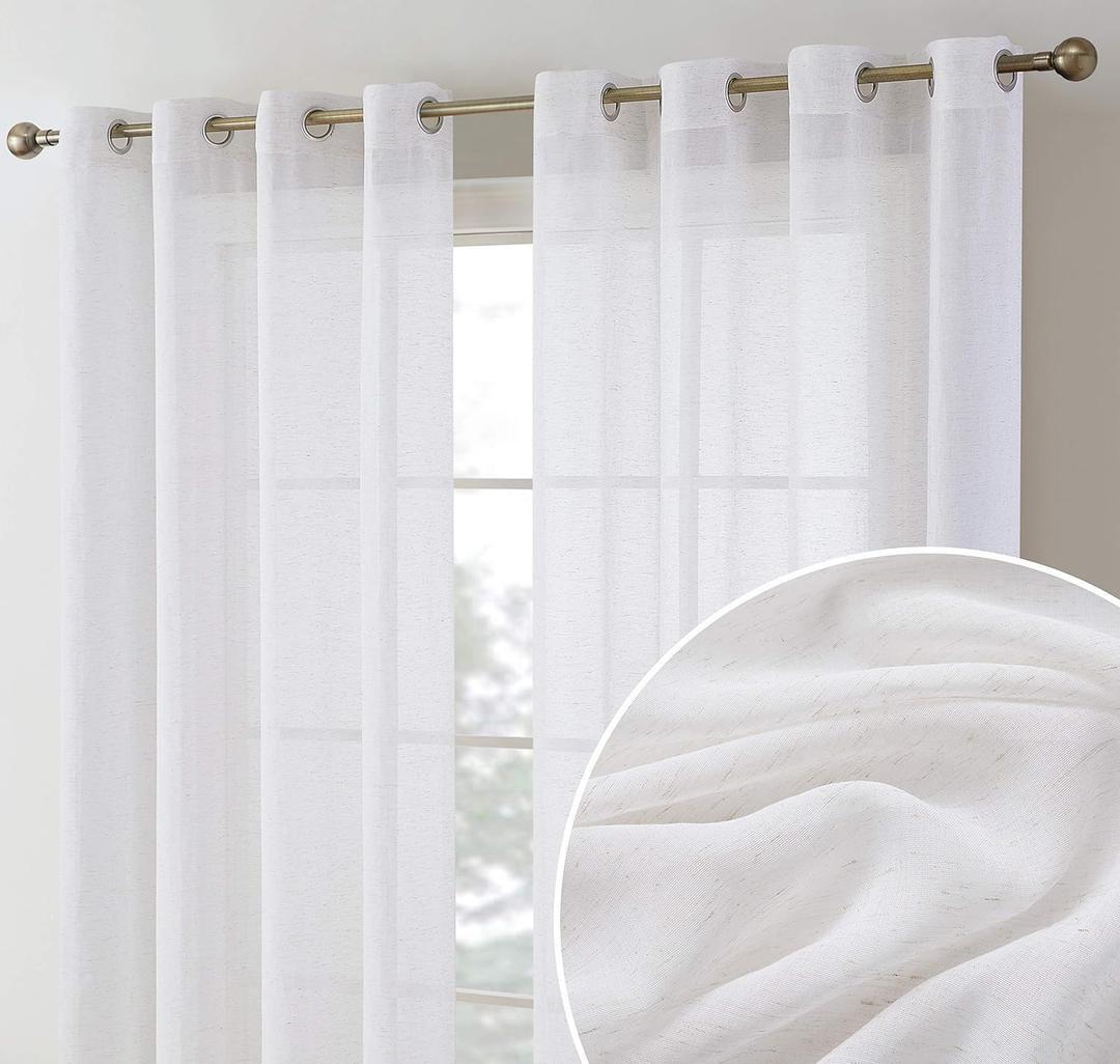 HLC.ME Sierra Burlap Flax Linen Semi Sheer Privacy Sun Light Filtering Transparent Window Grommet Long Thick Curtains Drapery Panels for Bedroom & Living Room, 2 Panels (54 W x 96 L, White)