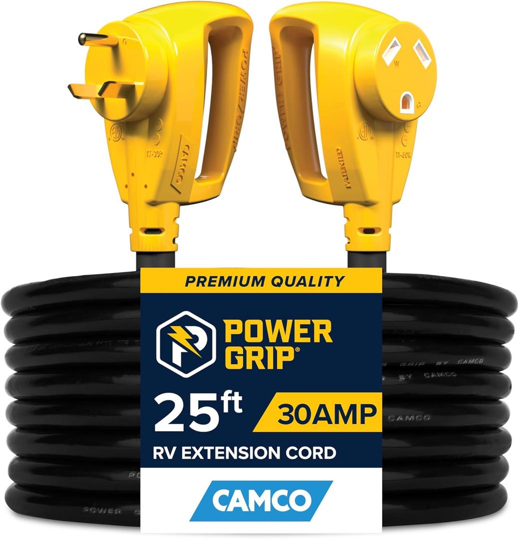 Camco Power Grip 25-Ft 30 Amp Camper RV Extension Cord - Male to Female (NEMA TT-30P to TT-30R) - Rated for 125V/3750W - Features Heavy Duty 10-Gauge Copper Wire & Weather Resistant PVC (55191)