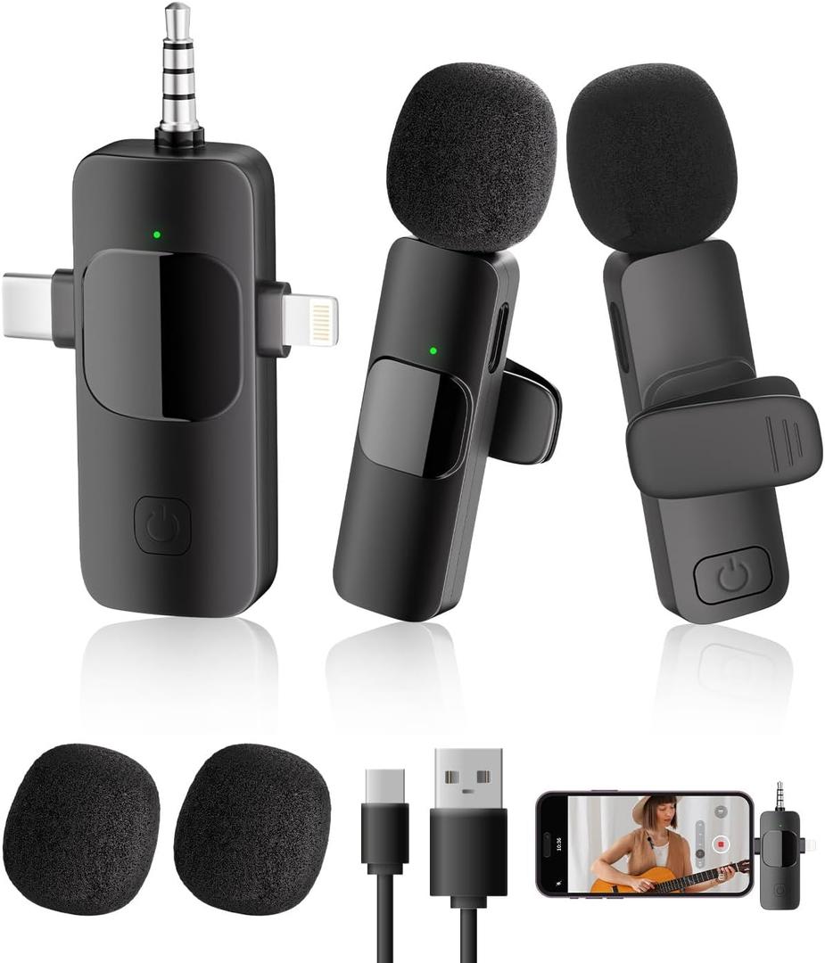 3-in-1 Wireless Lavalier Microphone for iPhone&Android,mini Microphone for Camera,mini mic with Noise Cancellation,Plug & Play,Long Battery Life for YouTube/TikTok/Vlog Recording