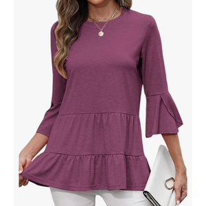 CiCiBird Women's 3/4 Ruffle Sleeve Babydoll Top Loose Peplum Crewneck Tunic 2025 Fashion Casual Shirt Size Medium, Purple Red