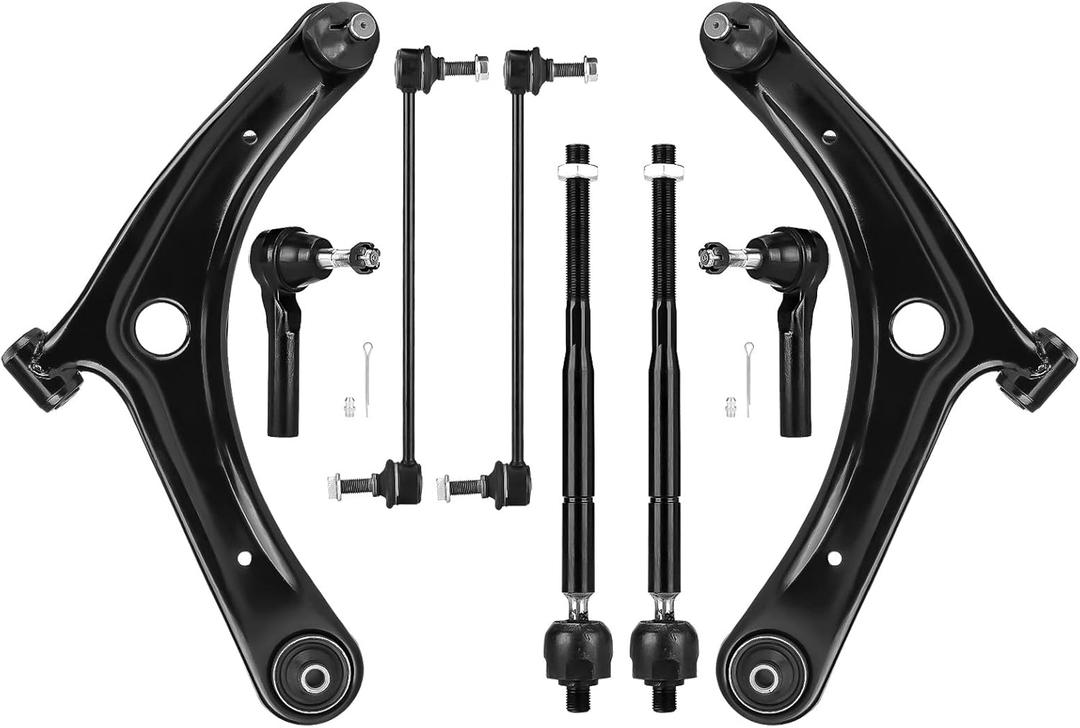 Front Lower Control Arms w/Ball Joints + Tie Rods + Sway Bar Links Suspension Kit Replacement for 2009-2012 Dodge Caliber, 2007-2017 Jeep Compass/Patriot (8pc)