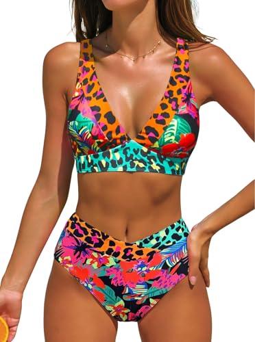 popvil High Waisted Bikini Sets 2026 Leopard Print Two Piece Swimsuits for Women Cheetah Sexy V Neck Bathing Suits Ladies Beach Summer, S