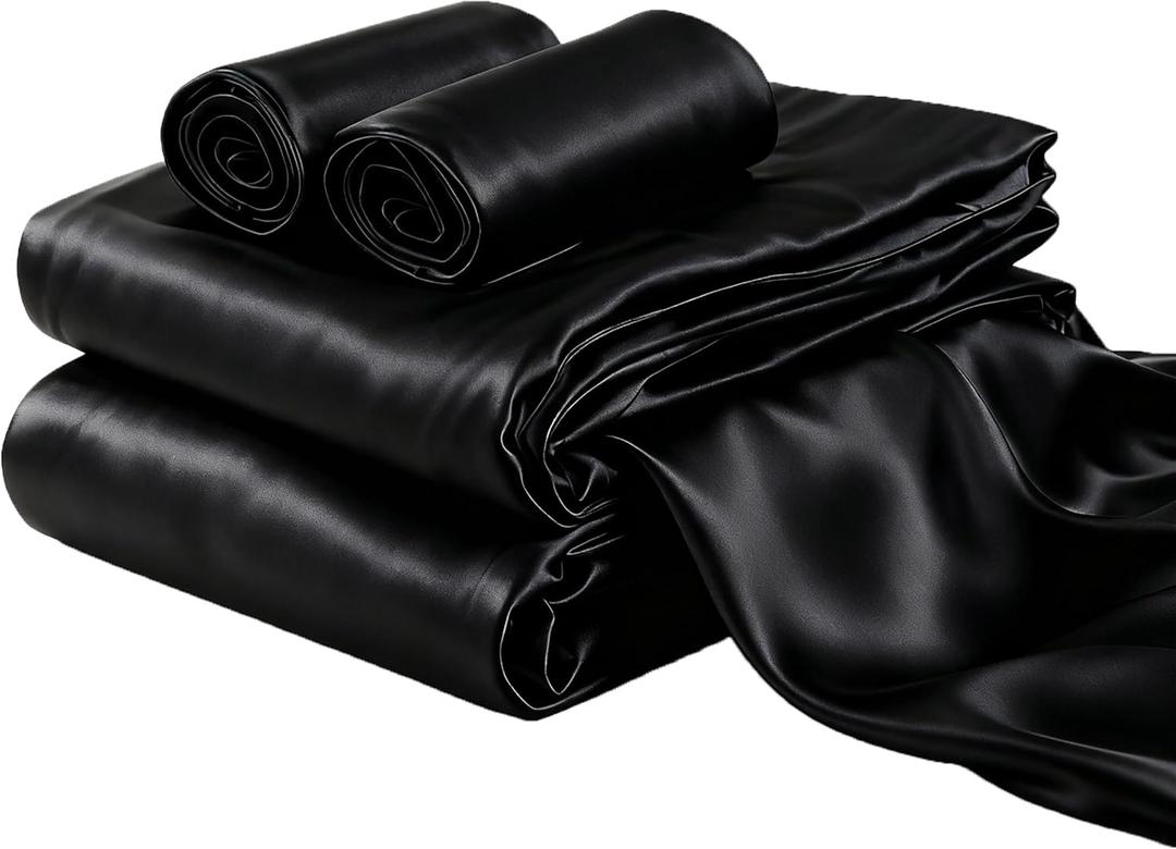 COZYXWORLD 4 Pieces Satin Sheet Set Soft Smooth Cooling Bedding Set Deep Pocket Silky Bed Sheets Blk King Size (Black)