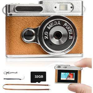 Mini Digital Camera with 0.96 in LCD Screen 1080P 32GB Card Feel of Old 90s Photographs, Keychain Size, Birthday Gifts (Brown)
