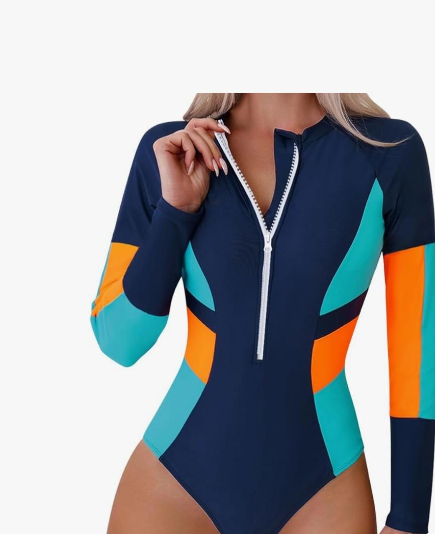 ABAFIP Women's Long Sleeve Rash Guard Bathing Suit Zip up One Piece Swimsuits Modest Surfing Swimwear, Size XXL