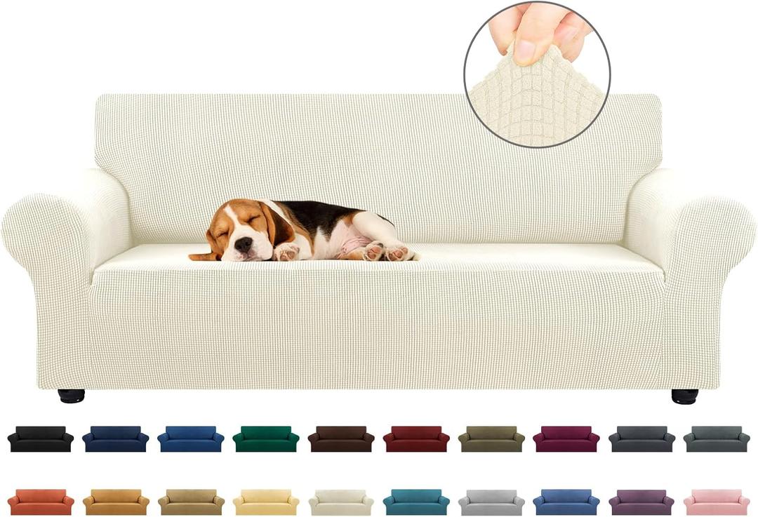 KEKUOU Stretch Sofa Cover Slipcover Couch Covers for 3 Cushion Couch Sofa pet Friendly (78"-94") Furniture Protector Sofa with Elastic Bottom for Kids,Dog, Jacquard Small Checked(Large,Beige)