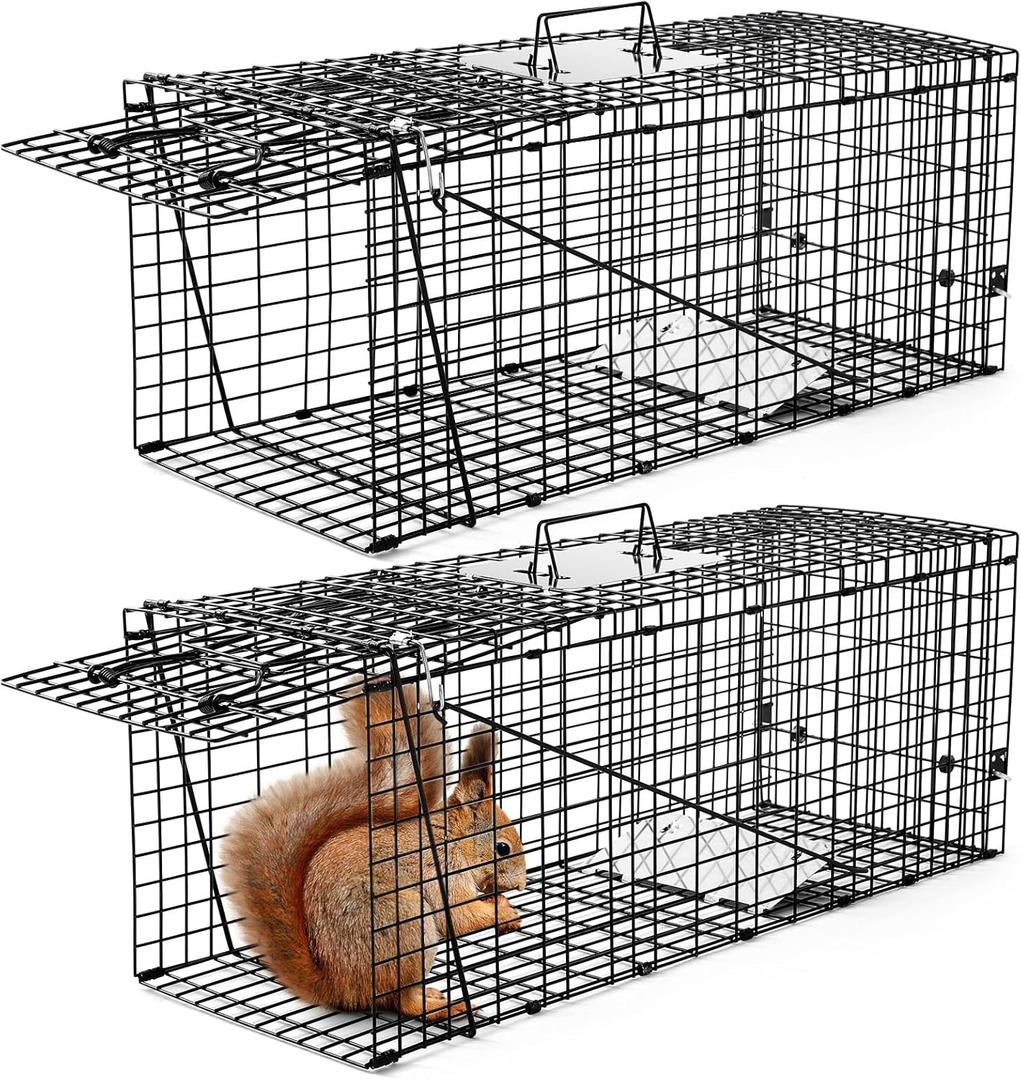 2 x Qualirey 2 Pack Live Animal Trap Cage 24.41 x 7.09 x 8.27 Inch Cat Trap Cage Foldable Steel Humane Catch and Release Animal for Groundhog Squirrel Raccoon Mole Gopher(Black)