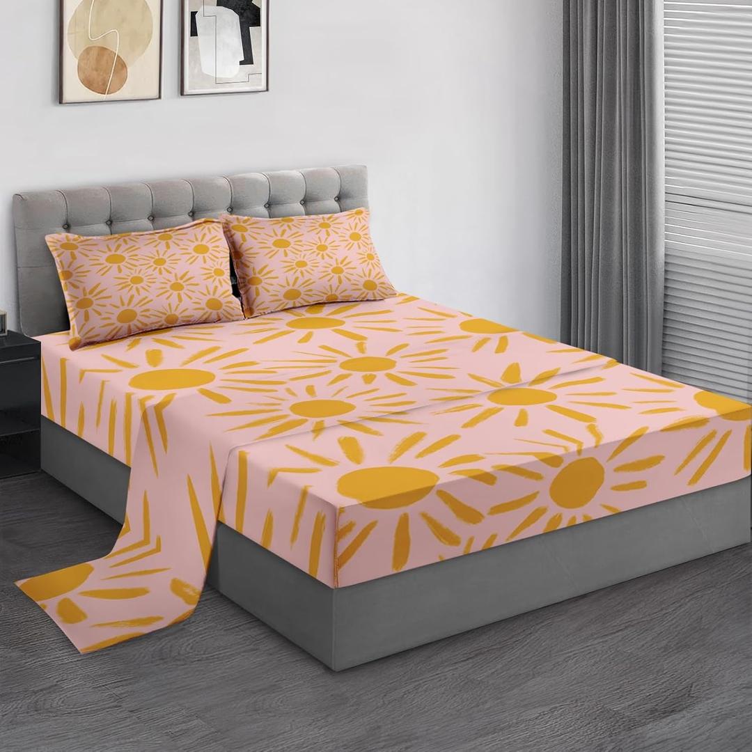 Pamnest Queen Size Bed Sheet Sets, Yellow Boho Sun Soft Microfiber 4 Pcs Bedding Sets for Kids and Adults Bedroom Bed Decor, Bohemian Summer Sunshine Flat, Fitted Sheet and 2 Pillowcases