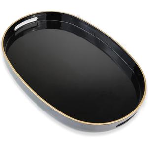 Black Oval Decorative Tray with Handles, Versatile Serving Tray for Coffee Table, Ottoman, Ideal for Serving, Displaying, Organizing (15.5" x 10.6" x 1.4")