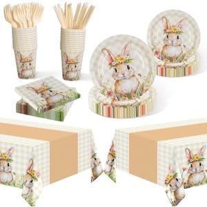 Childom Spring Party Decorations,147 Pcs Disposable Plates and Napkins Party Supplies,Bunny Dinnerware Sets with Plastic Tablecloth Knives Fork,Paper Plates Napkin Cups for Birthday Easter Decorations