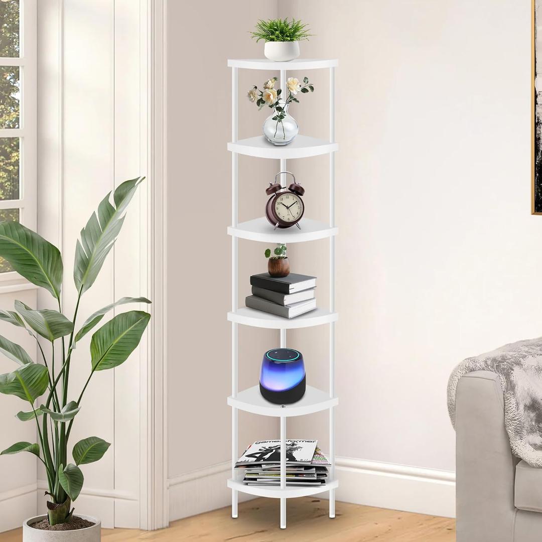 Qupui 6 Tier Corner Shelf Stand, 66 Tall Corner Bookshelf Multipurpose Shelving Unit, Plant Stand Display Rack Home Organizer Shelves for Bedroom Living Room, White