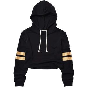 Perfashion Women's Cropped Hoodie Black Long Sleeve Loose Pullover Sweatshirts Hoody for Teenagers, XL, Champagne Gold Stripe)