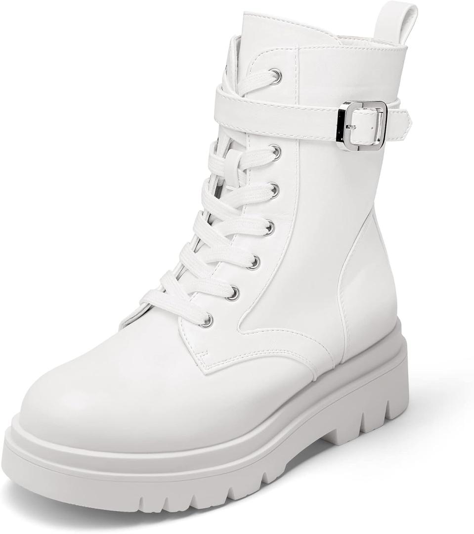 DREAM PAIRS Women's Combat Platform Boots Lace Up Lug Sole Buckle Ankle Booties Shoes (7.5, White)