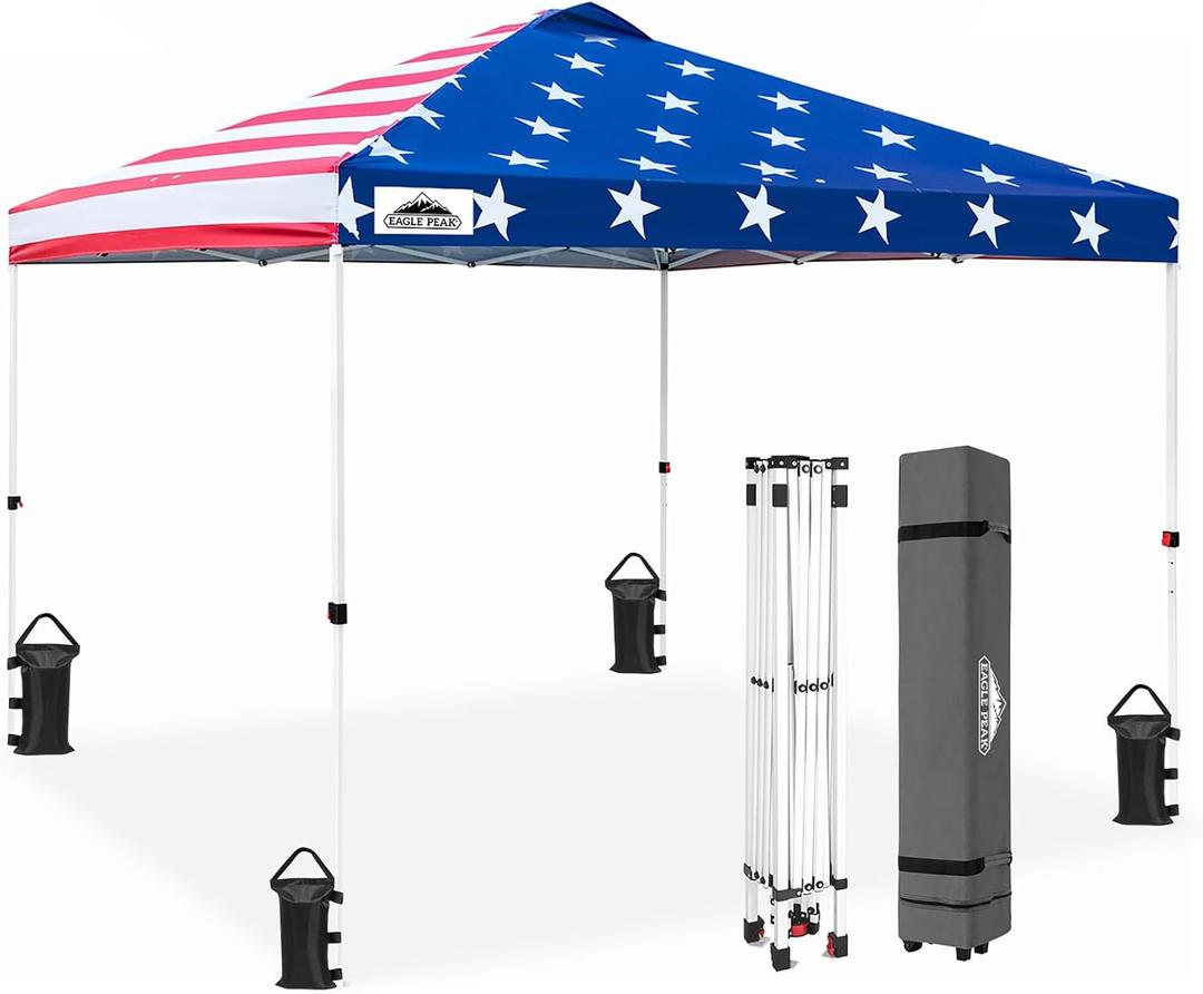EAGLE PEAK Pop Up Canopy Tent with Wheeled Carry Bag, 8 Stakes, 4 Ropes, 4 Weight Bags, Easy Set Up Tent Canopy, 10x10 ft, 100sqft of Shade, American Flag EAGLE PEAK Pop Up Canopy Tent with Wheeled Carry Bag, 8 Stakes, 4 Ropes, 4 Weight Bags, Easy Set Up Tent Canopy, 10x10 ft, 100sqft of Shade, American Flag