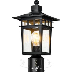 360 Motion Sensor Outdoor Post Lights, 4 Lighting Modes Lamp Post Light Fixture Dusk to Dawn, Waterproof Aluminum Black Pole Light Post Outdoor Lighting for Outside Garden Fence Yard,Hard Wired Black, 14.2-Inch-1 Pack-Motion Sensor