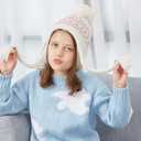 Moon Kitty Girls Knit Hats Winter Fleece Lining Skiing Winter Caps with Warm Ear Flap (6-10 Years, Beige)