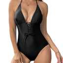 Cromi Women's Deep Halter V Neck Backless 1 Piece Swimsuit Black M (M)
