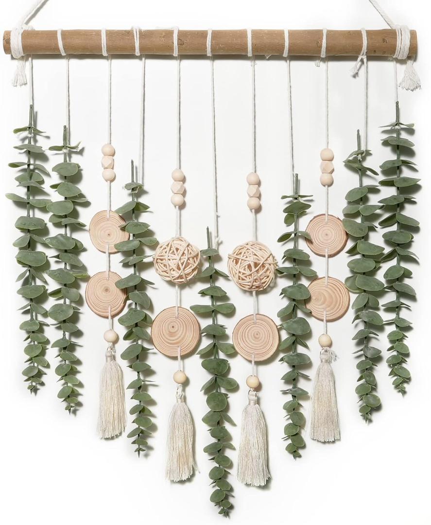 Boho Bathroom Decor Artificial Eucalyptus Hanging Wall Decor Fake Greenery Leaves Plants Wicker Ball on 16.5 inch Stick Rustic Farmhouse Natural Bedroom Kitchen Nursery Office Decorations