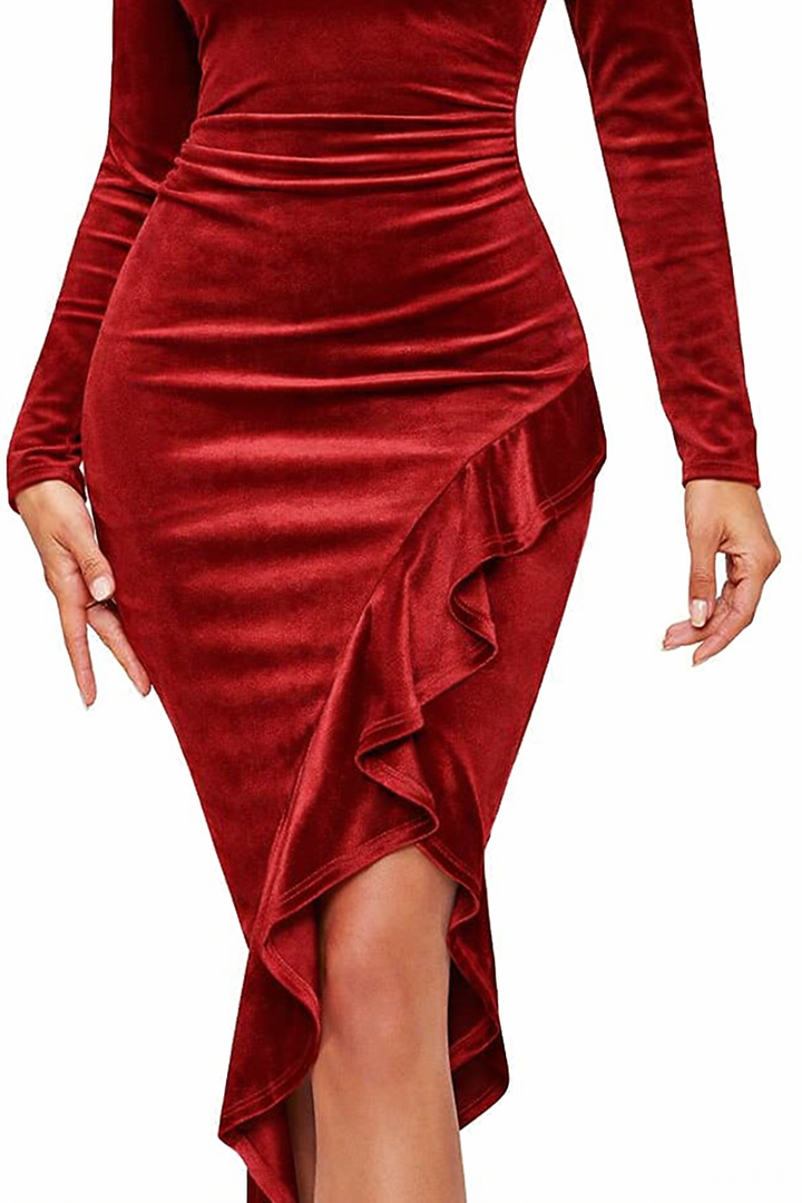 NASHALYLY Elegant Velvet Dress for Women,Sexy Long Sleeve Bodycon Mermaid Dress Ruched Cocktail Party Wedding Square Neck(Wine Red,L)