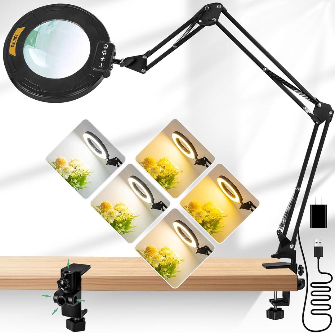 12X Magnifying Glass with Light, Ultra Long 3 Section Swing Arm LED Desk Lamp with Large Clamp, 5 Color and Brightness Hands Free Magnifier Light and Stand for Workbench Crafts Reading Painting