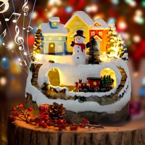 Christmas Collectibles Building Village House Musical Snow Globe Resin Figurines with 8 Music Snowman, Christmas Train Come with Xmas Gift