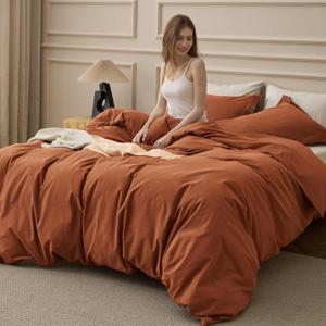 Bedsure 100% Washed Cotton Duvet Cover King Size - Burnt Orange Minimalist Bedding Set Linen Like - PureWoven Plain Simple & Soft Comforter Cover for All Seasons (Burnt Orange, King, 104"x90")