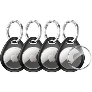 UNBREAKcable Holder for Apple AirTag 4 Pack [Hold Air Tag Securely] [Easy to Install] [Fit Tightly Design] Protective Case Waterproof TPU Shell with 304 Stainless Steel Key Ring Keychain, Black