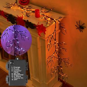 BAOLITVINE Lighted Halloween Garland Battery Operated with 8 Functions 6FT 120 Bi-Color Fairy Lights, Black Garland with Lights for Fall Halloween Party Decoration