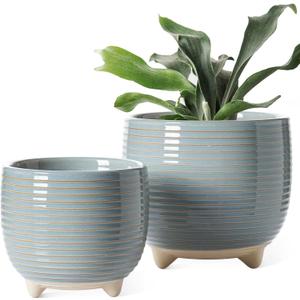 LE TAUCI Ceramic Plant Pots, 5.1 + 6.4 Inch Footed Pots for Plants, Modern Flower Pots for Home and Office, Indoor Planters with Drainage, Reactive Glaze Gray (Pack of 2)